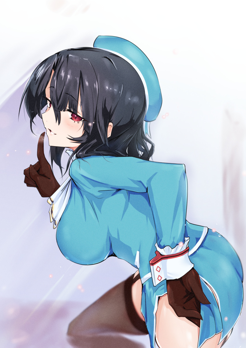 1girl, beret, black_gloves, black_hair, black_legwear, blue_headwear, blue_jacket, blue_skirt
