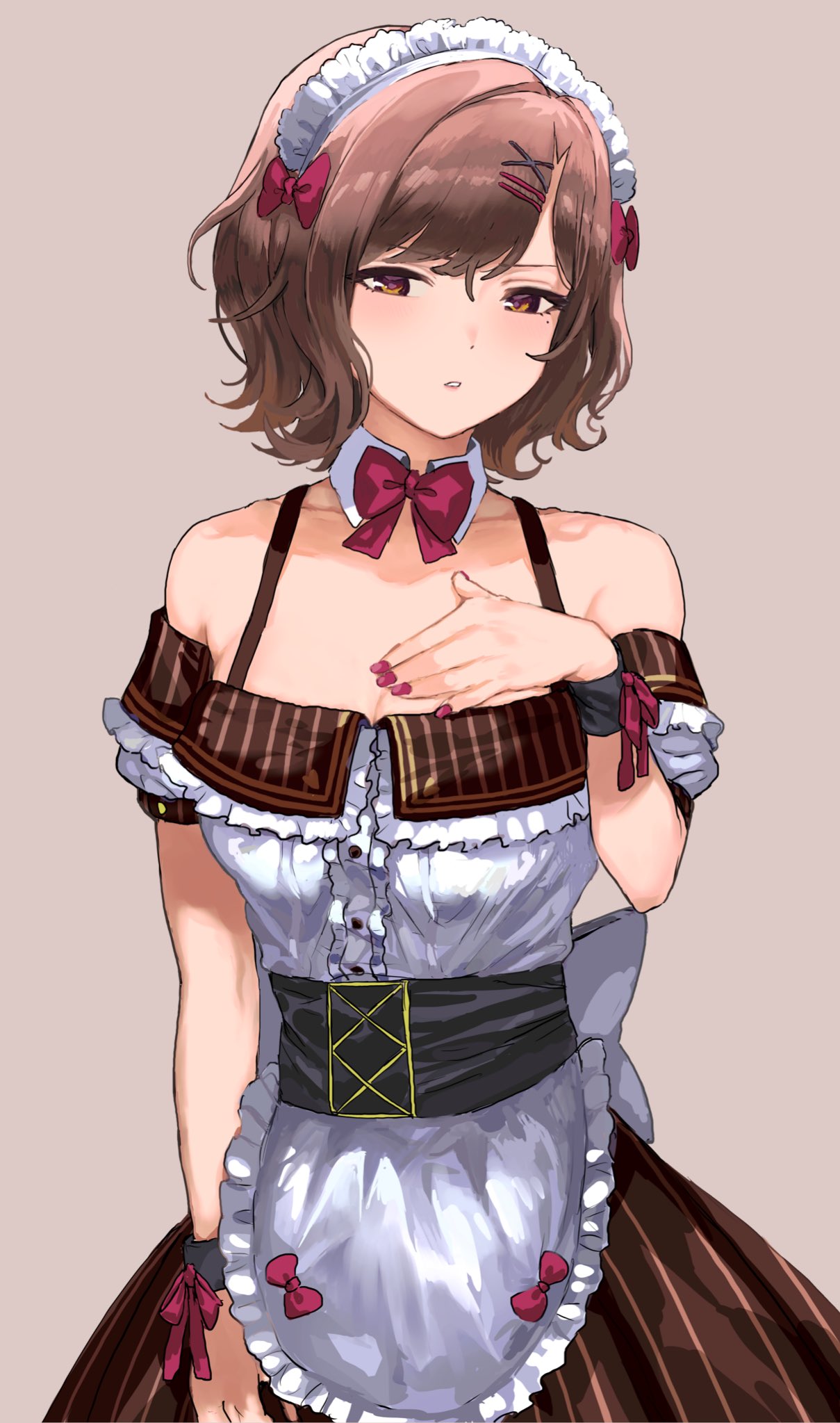 alternate_costume, apron, back_bow, bare_shoulders, bow, brown_eyes, brown_hair, detached_collar