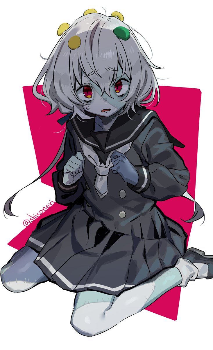 1girl, eyebrows_visible_through_hair, grey_hair, grey_serafuku, highres, konno_junko, long_hair, long_sleeves