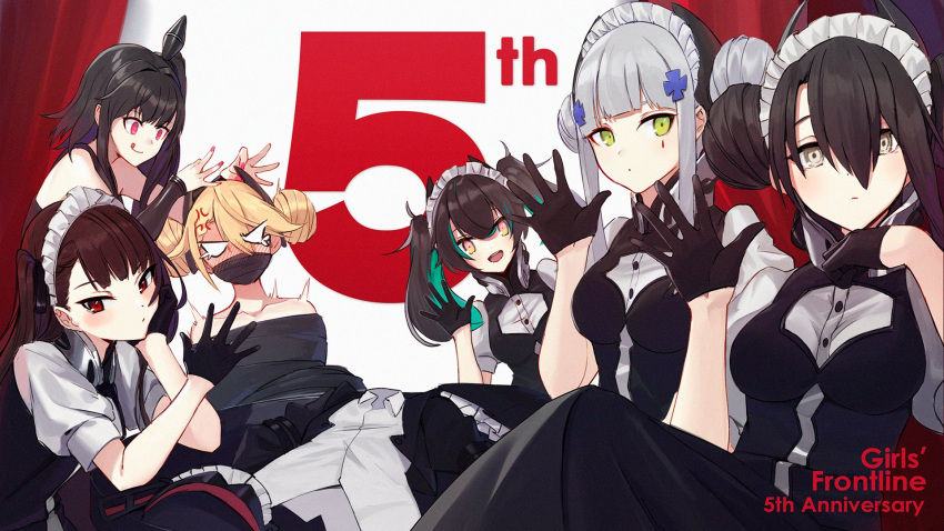 6+girls, :q, agent_(girls_frontline), agent_(girls_frontline)_(cosplay), alternate_costume, anger_vein, angry, anniversary, architect_(girls_frontline), bangs, bare_shoulders, black_dress, blonde_hair, blunt_bangs, blush, bound, brown_hair, commentary, cosplay, double_bun, dress, enmaided, g36_(girls_frontline), girls_frontline, gloves, green_eyes, hair_between_eyes, hand_on_own_chin, headgear, highres, hk416_(girls_frontline), long_hair, looking_at_viewer, maid, maid_headdress, multiple_girls, nail_polish, one_side_up, open_mouth, ranyu, red_eyes, saf_(girls_frontline), sangvis_ferri, shirt, short_sleeves, sidelocks, silver_hair, tied_up, tongue, tongue_out, wa2000_(girls_frontline), white_shirt, yellow_eyes