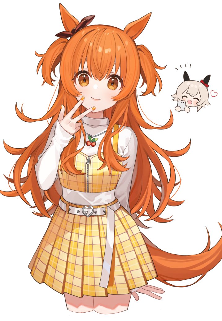 2girls, animal_ears, belt, brown_ribbon, casual, chiri_(ch!), curren_chan_(umamusume), ear_ribbon, horse_ears, horse_girl, horse_tail, jewelry, long_hair, long_sleeves, looking_at_viewer, mayano_top_gun_(umamusume), miniskirt, multiple_girls, nail_polish, necklace, orange_eyes, orange_hair, orange_nails, plaid, plaid_skirt, pleated_skirt, ribbon, skirt, sleeves_past_wrists, smile, tail, turtleneck, twintails, two_side_up, umamusume, white_background, white_belt, yellow_skirt