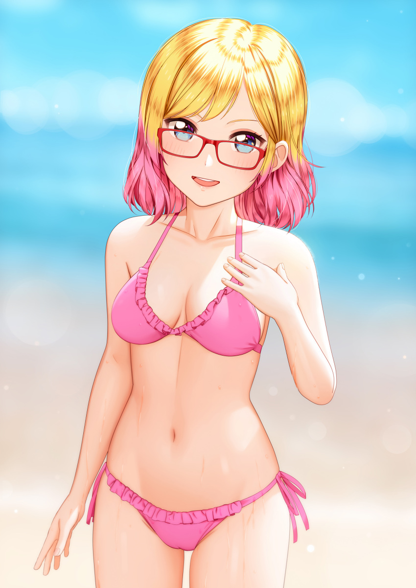 1girl, absurdres, beach, bikini, blonde_hair, blush, breasts, collarbone