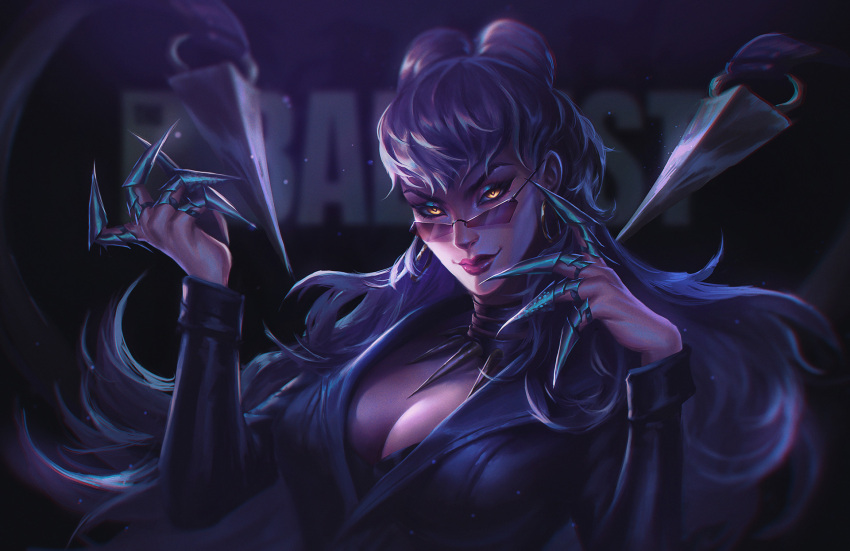 1girl, bangs, claws, crownsforkings, dark, demon_girl, earrings, evelynn_(league_of_legends), evil_smile, formal, glowing, glowing_eyes, highres, jewelry, league_of_legends, long_hair, looking_at_viewer, makeup, silver_hair, smile, solo, suit, the_baddest_evelynn, yellow_eyes