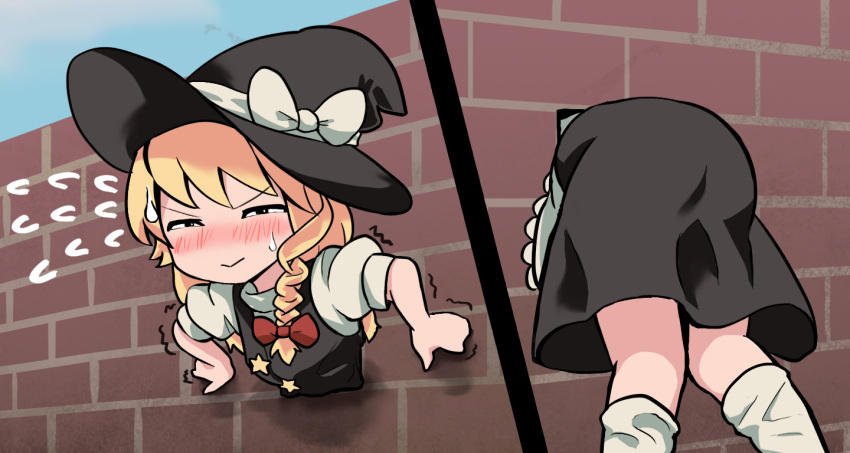 1girl, ass, bangs, black_eyes, black_headwear, black_skirt, black_vest, blonde_hair, blush, bow, braid, brick_wall, commentary_request, cookie_(touhou), eyebrows_visible_through_hair, flying_sweatdrops, hair_bow, hat, hat_bow, johnsmith, kirisame_marisa, long_hair, looking_at_viewer, multiple_views, open_mouth, puffy_short_sleeves, puffy_sleeves, red_bow, short_sleeves, side_braid, single_braid, skirt, socks, star_(symbol), stuck, suzu_(cookie), sweatdrop, through_wall, touhou, trembling, upper_body, upper_teeth, v-shaped_eyebrows, vest, wall, white_bow, white_legwear, witch_hat
