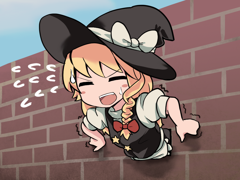 1girl, bangs, black_headwear, black_skirt, black_vest, blonde_hair, blush, bow, braid, brick_wall, commentary_request, cookie_(touhou), eyebrows_visible_through_hair, flying_sweatdrops, fox_eyes, hair_bow, hat, hat_bow, johnsmith, kirisame_marisa, long_hair, looking_at_viewer, open_mouth, puffy_short_sleeves, puffy_sleeves, red_bow, short_sleeves, side_braid, single_braid, skirt, solo, star_(symbol), stuck, suzu_(cookie), sweatdrop, through_wall, touhou, trembling, upper_body, upper_teeth, v-shaped_eyebrows, vest, wall, white_bow, witch_hat