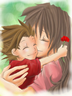 anna_irving, brown_hair, child, closed_eyes, flower, hug, lloyd_irving, mother_and_son