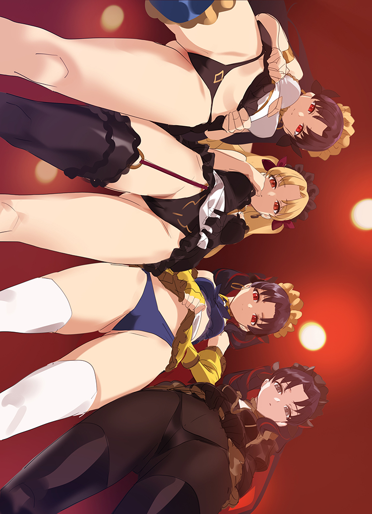 4girls, bangs, black_hair, blonde_hair, blue_panties, ereshkigal_(fate), fate/grand_order, fate_(series), flashing, from_below, garter_straps, ishtar_(fate)_(all), maid, maid_headdress, multiple_girls, o-ring, panties, panties_under_pantyhose, pantyhose, red_eyes, skirt, skirt_lift, space_ishtar_(fate), thigh-highs, thong, tohsaka_rin, underwear, yd_(orange_maru)