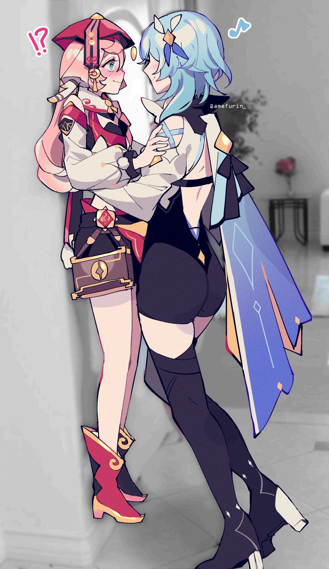 !?, 2girls, against_wall, amefurin, blue_hair, blush, book, cape