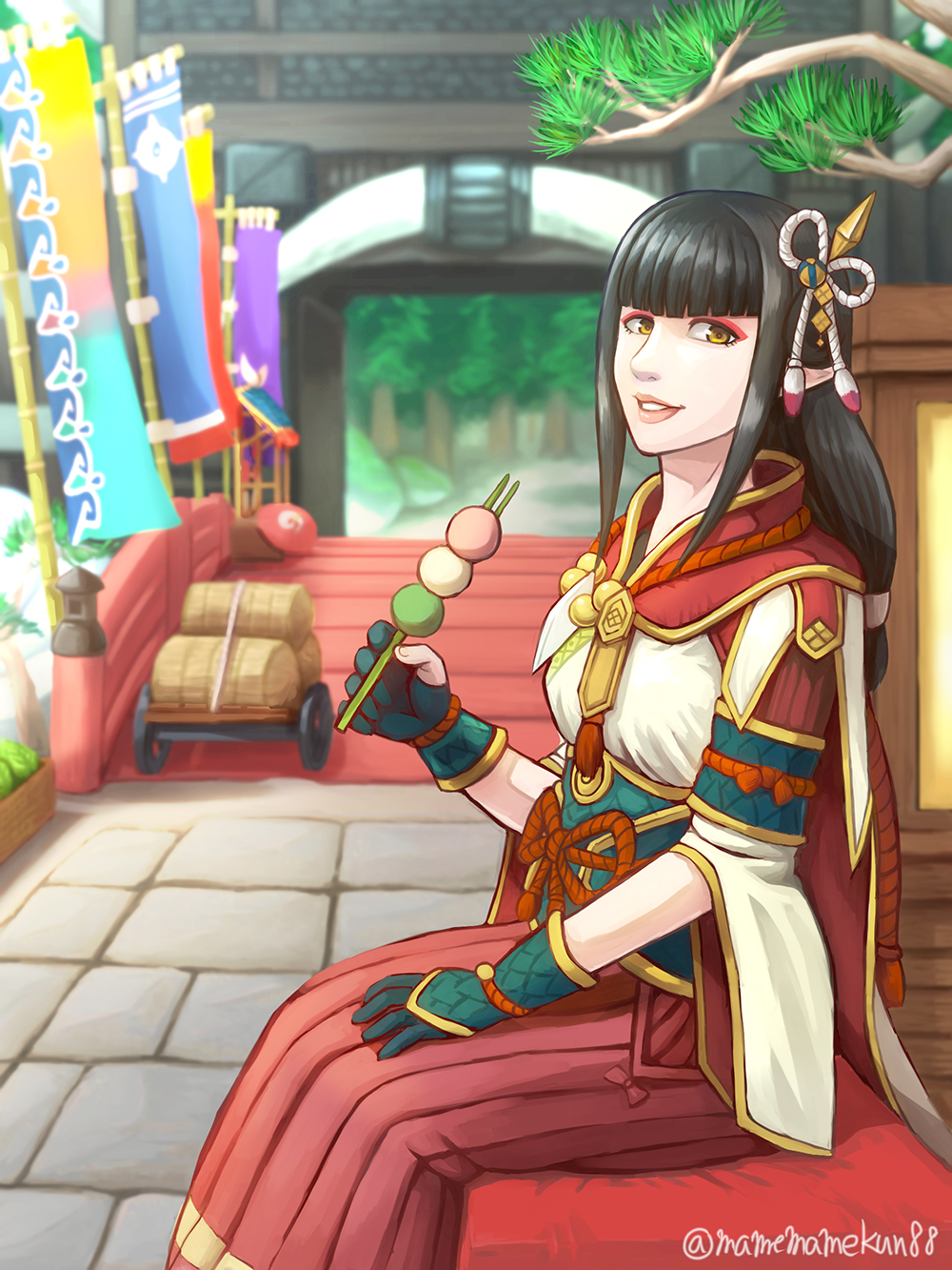 1girl, black_hair, blush, hinoa, japanese_clothes, kimono, long_hair, mamemame