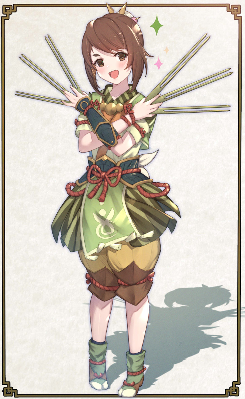 1girl, :d, blush, brown_eyes, brown_hair, brown_shorts, commentary_request, crossed_arms