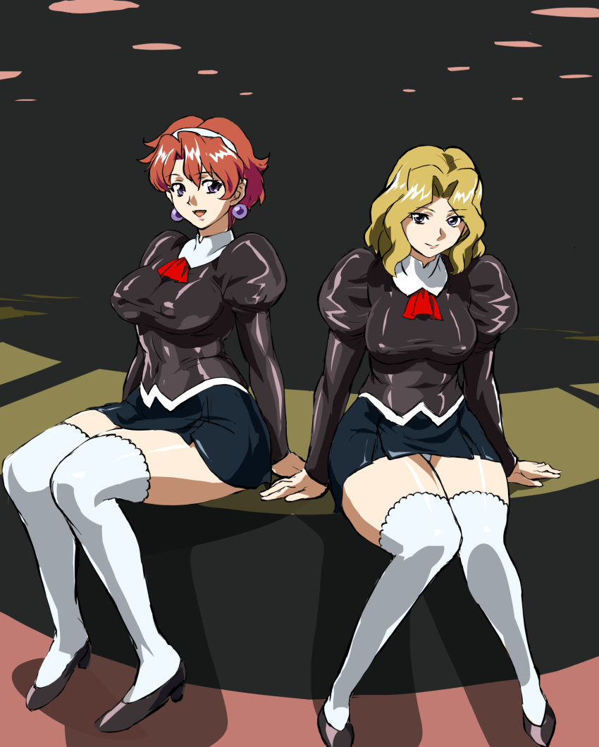 2girls, agent_aika, aika_(series), alternate_costume, bare_shoulders, black_delmo, black_footwear, black_jacket