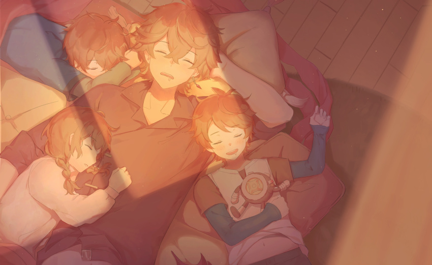 1girl, 2boys, absurdres, braid, brother_and_sister, brothers, closed_eyes, family