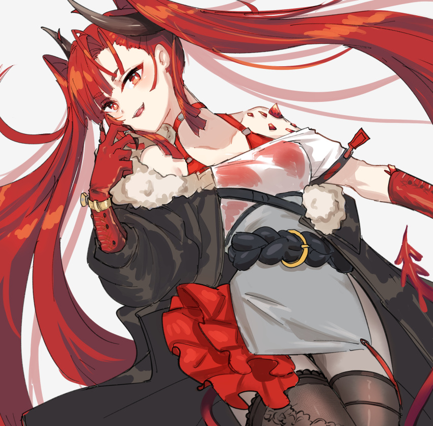 1girl, :d, arknights, bangs, bare_shoulders, black_jacket, black_legwear, bra