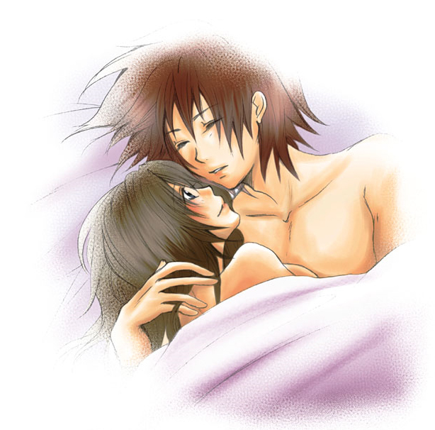 anna_irving, bed, blush, brown_hair, closed_eyes, couple, duo, kratos_aurion