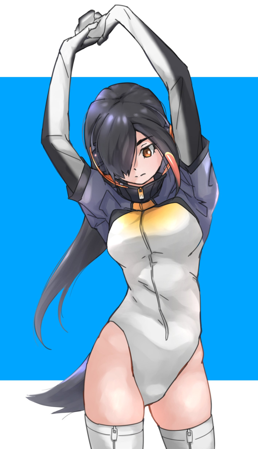 1girl, absurdres, arms_up, black_gloves, black_hair, commentary_request, cowboy_shot, elbow_gloves