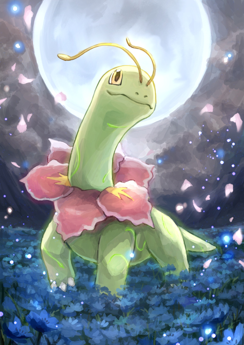 claws, closed_mouth, commentary_request, gen_2_pokemon, highres, meganium, moon, night, no_humans, outdoors, petals, pokemon, pokemon_(creature), raika_(raika_3890), smile, solo, standing, yellow_eyes