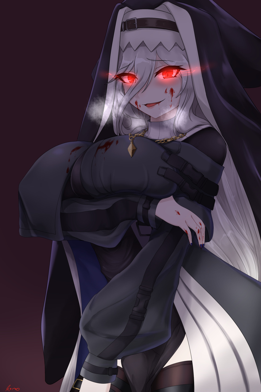 1girl, absurdres, arknights, arms_under_breasts, artist_name, bangs, black_dress, black_headwear, black_legwear, blood, blood_on_face, bloody_clothes, bloody_hands, blush, breasts, breath, capelet, commentary_request, cowboy_shot, dress, glowing, glowing_eyes, habit, hair_between_eyes, highres, jewelry, kimofest, large_breasts, long_hair, long_sleeves, looking_at_viewer, nail_polish, necklace, nun, open_mouth, pelvic_curtain, purple_background, purple_nails, red_eyes, ribbed_sweater, smile, specter_(arknights), sweater, thigh-highs, turtleneck, turtleneck_sweater