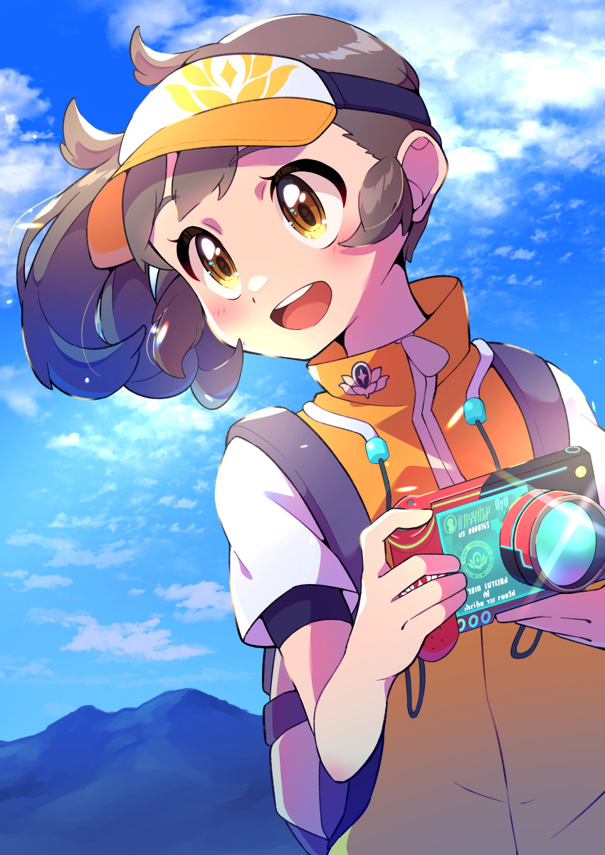 1girl, absurdres, backpack, bag, blush, brown_hair, camera, clouds