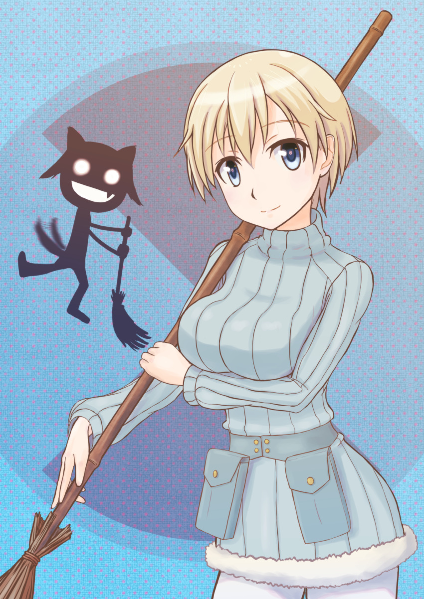 2girls, blonde_hair, blue_eyes, blue_sweater, blush, brave_witches, breasts, broom