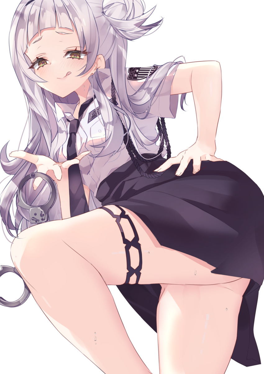 1girl, absurdres, alternate_costume, ass, bangs, blue_neckwear, blue_skirt, blunt_bangs, breasts, chierishu, closed_mouth, collared_shirt, commentary_request, cuffs, forehead, handcuff_dangle, handcuffs, high-waist_skirt, highres, hololive, licking_lips, looking_at_viewer, murasaki_shion, narrowed_eyes, naughty_face, necktie, pencil_skirt, police, police_uniform, policewoman, shirt, short_sleeves, side_bun, silver_hair, simple_background, skirt, small_breasts, smile, solo, standing, sweat, thick_eyebrows, tongue, tongue_out, twisted_torso, uniform, virtual_youtuber, white_background, white_shirt, yellow_eyes