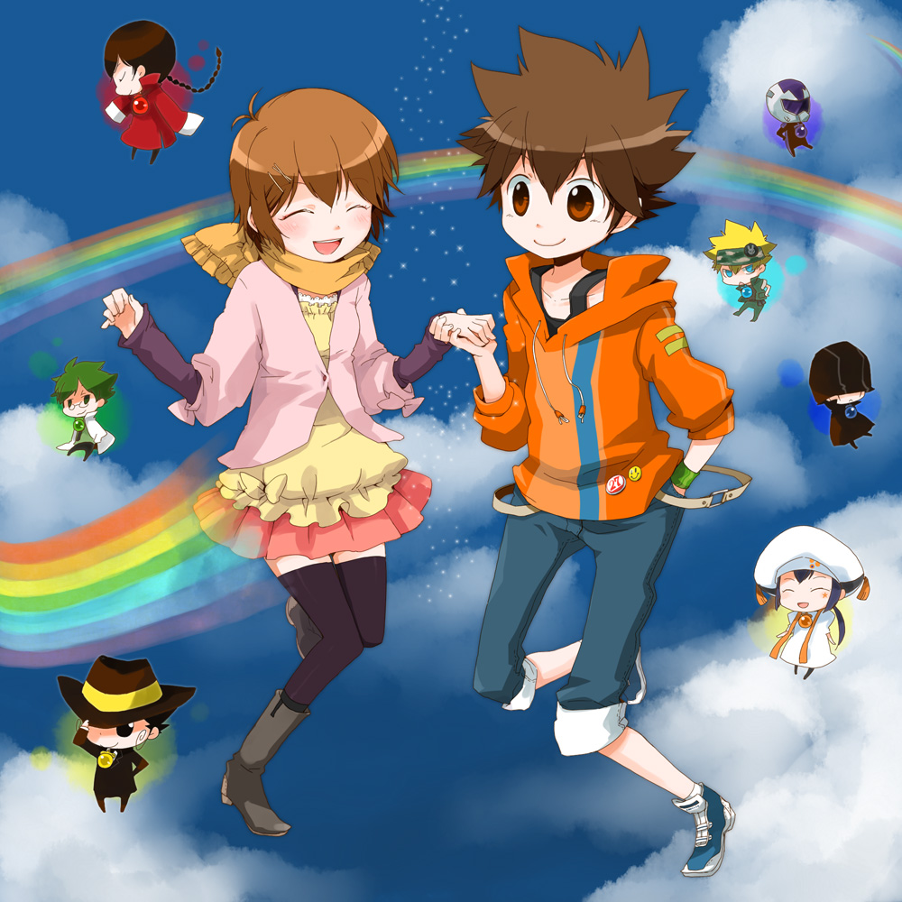 brown_hair, character_request, cloud, colonello, fon_(reborn), hand_holding, holding_hands, kano_(coyotehunt)
