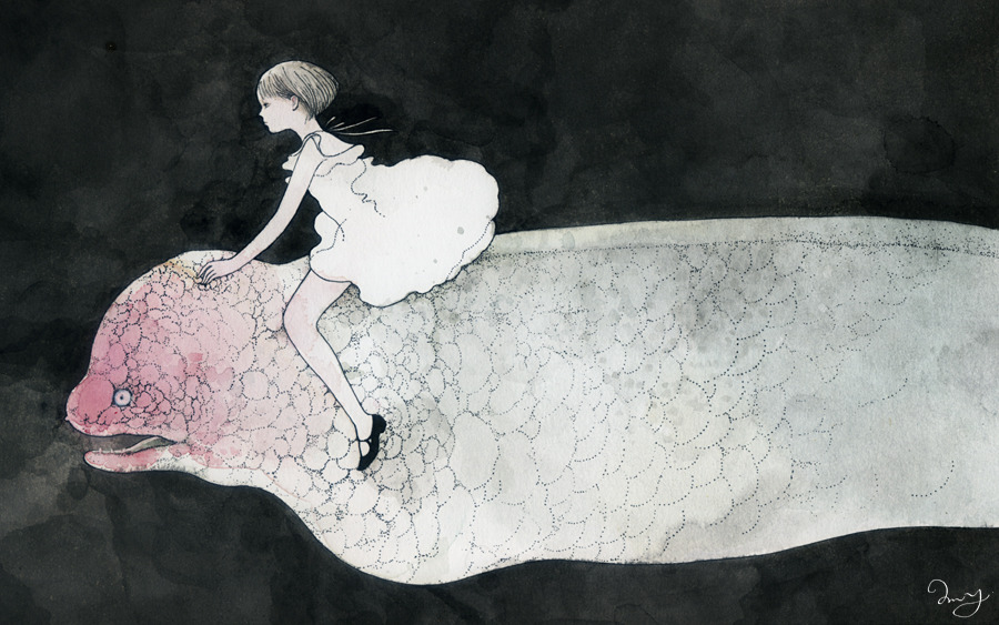 1girl, animal, black_background, black_footwear, dress, fish, grey_hair, midori_yamada, original, profile, riding, scales, shoes, short_hair, signature, simple_background, solo, white_dress, wide_shot