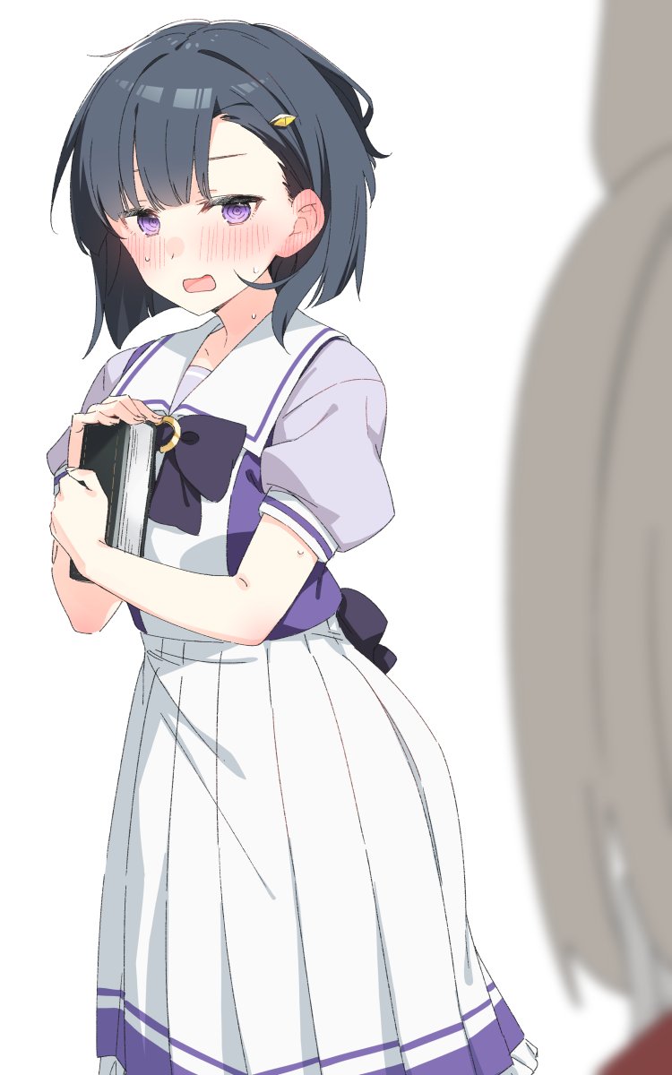 2girls, black_hair, blonde_hair, blurry, blurry_foreground, blush, book, bow