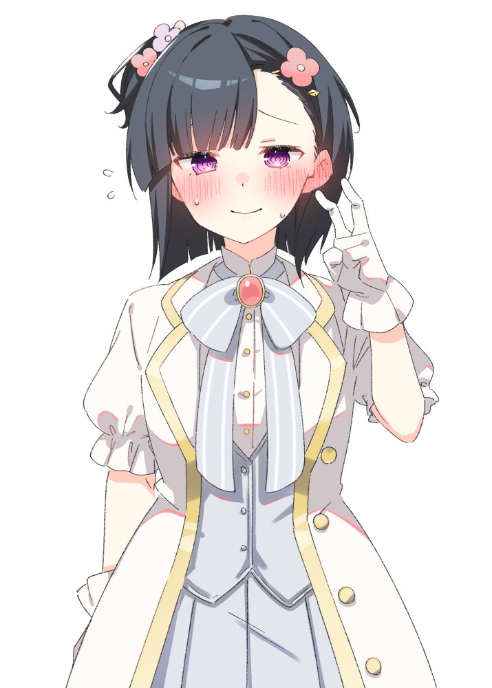 1girl, blush, bow, bowtie, closed_mouth, coat, cosplay, embarrassed