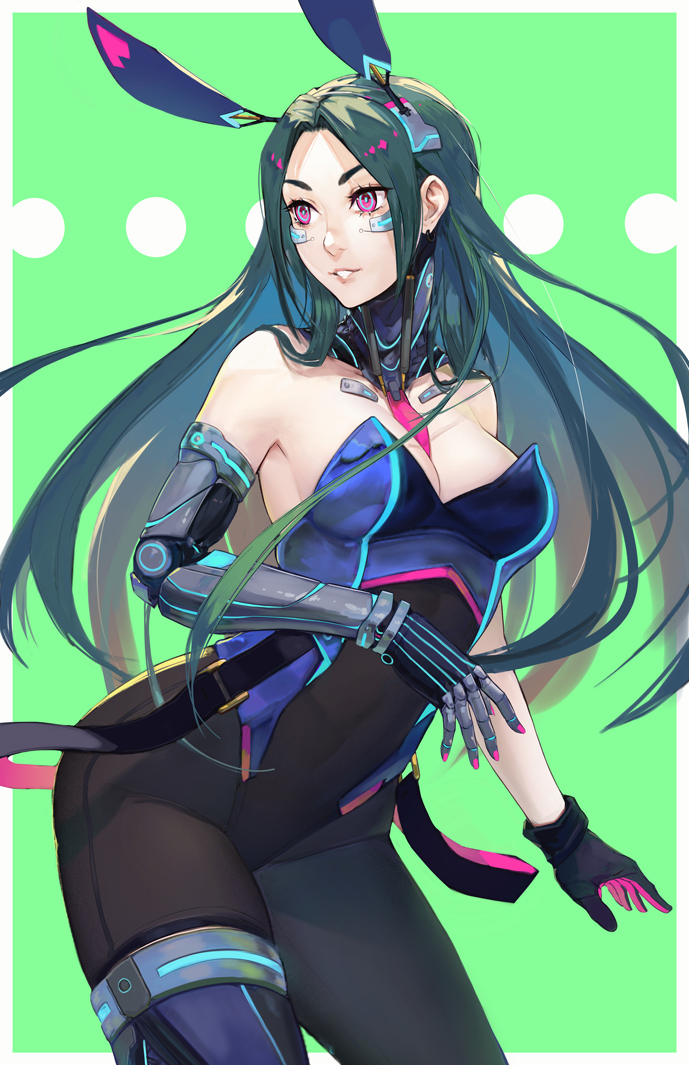 1girl, animal_ears, bare_shoulders, between_breasts, black_gloves, black_legwear, border, borrowed_character, breasts, contrapposto, cowboy_shot, emily_(koyorin), gloves, green_background, green_hair, large_breasts, leotard, long_hair, mechanical_ears, necktie, necktie_between_breasts, original, pantyhose, pink_eyes, pink_neckwear, rabbit_ears, ringed_eyes, smile, solo, standing, strapless, strapless_leotard, unsomnus, white_border