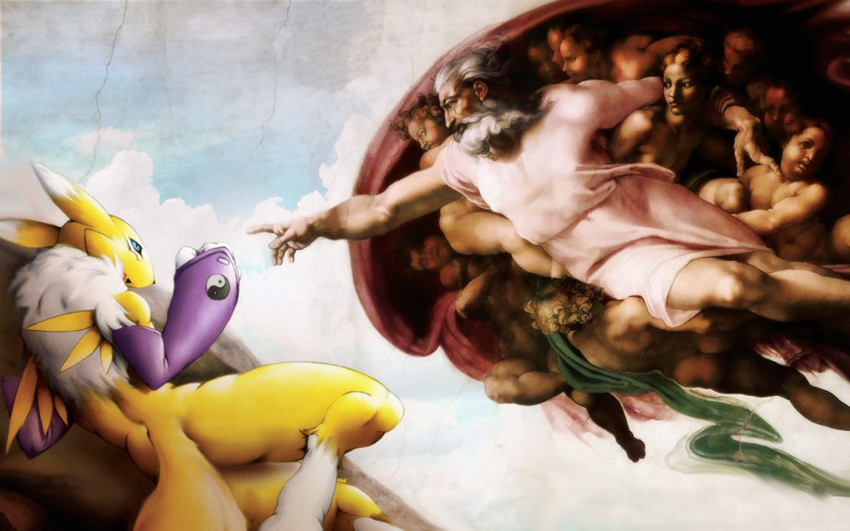 digimon, fine_art_parody, karabiner, michelangelo, renamon, the_creation_of_adam