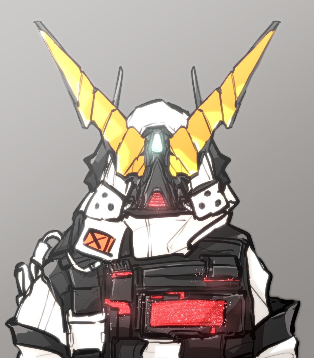1girl, arknights, armor, facing_viewer, full_armor, glowing, grey_background, gundam