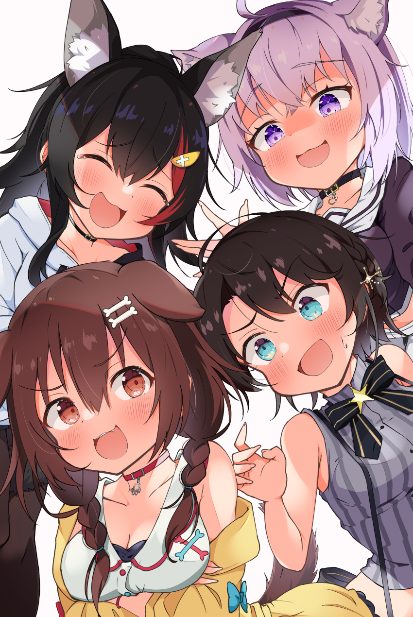 4girls, :d, absurdres, animal_ear_fluff, animal_ears, bare_shoulders, blush, cat_ears