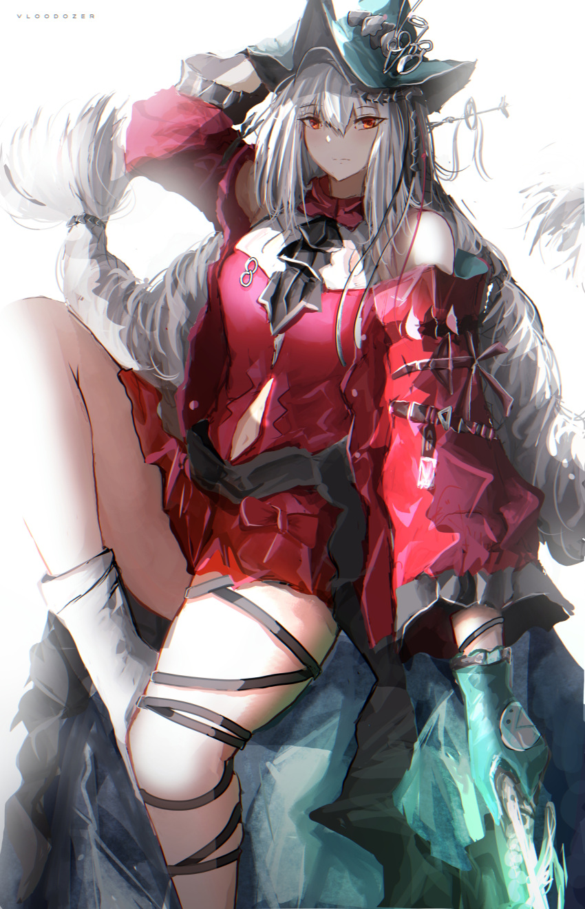 1girl, absurdres, aqua_gloves, aqua_headwear, arknights, arm_behind_head, artist_name, bangs