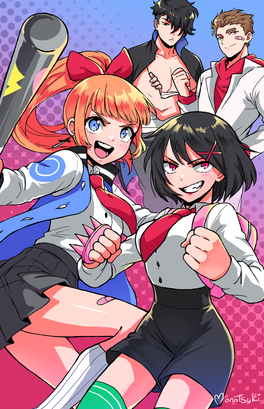 2boys, 2girls, backpack, bag, bandaid, baseball_bat, black_hair, blue_eyes, blush, bow, breasts, brown_hair, clenched_hands, dithering, earrings, frown, green_legwear, hair_ornament, hairclip, highres, holding, jacket, jewelry, kneehighs, kunio-kun, kunio-kun_series, kyoko_(kunio-kun), letterman_jacket, lipstick, long_hair, long_sleeves, makeup, medium_breasts, misako_(kunio-kun), monotsuki, multiple_boys, multiple_girls, necktie, open_mouth, orange_hair, pink_bandaid, pink_eyes, ponytail, red_neckwear, riki_(kunio-kun), river_city_girls, sarashi, school_uniform, shirt, shirt_tucked_in, short_hair, shorts, signature, skirt, smile, spiked_knuckles, thigh-highs, white_shirt