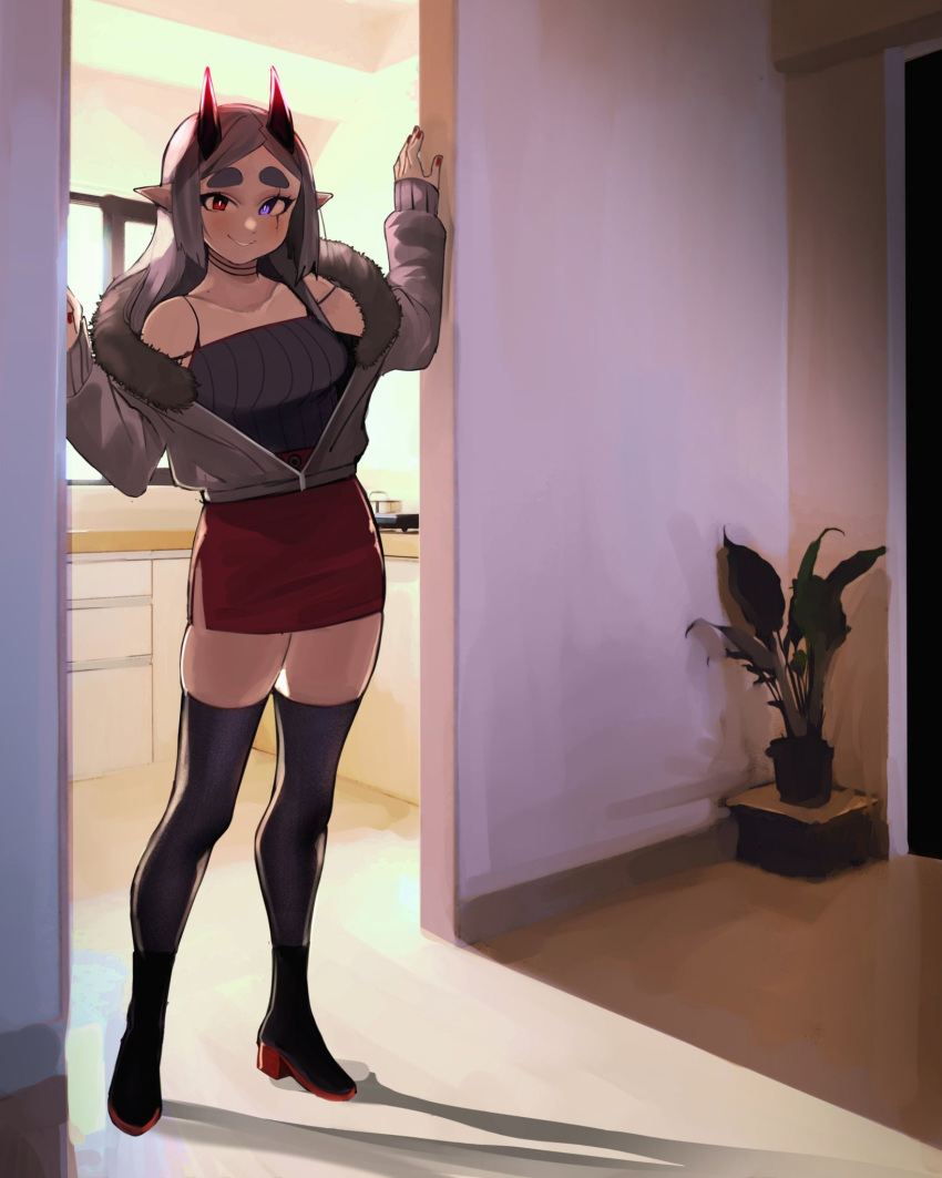 1girl, ankle_boots, ava_(kumaartsu), bangs, black_horns, black_legwear, blush, boots