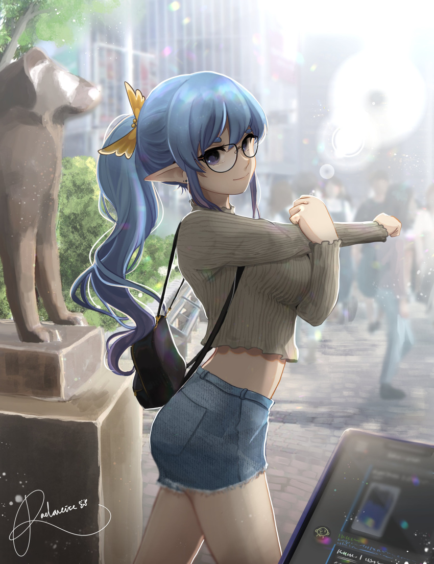 1girl, absurdres, bag, black-framed_eyewear, blue_eyes, blue_hair, breasts, cropped_sweater