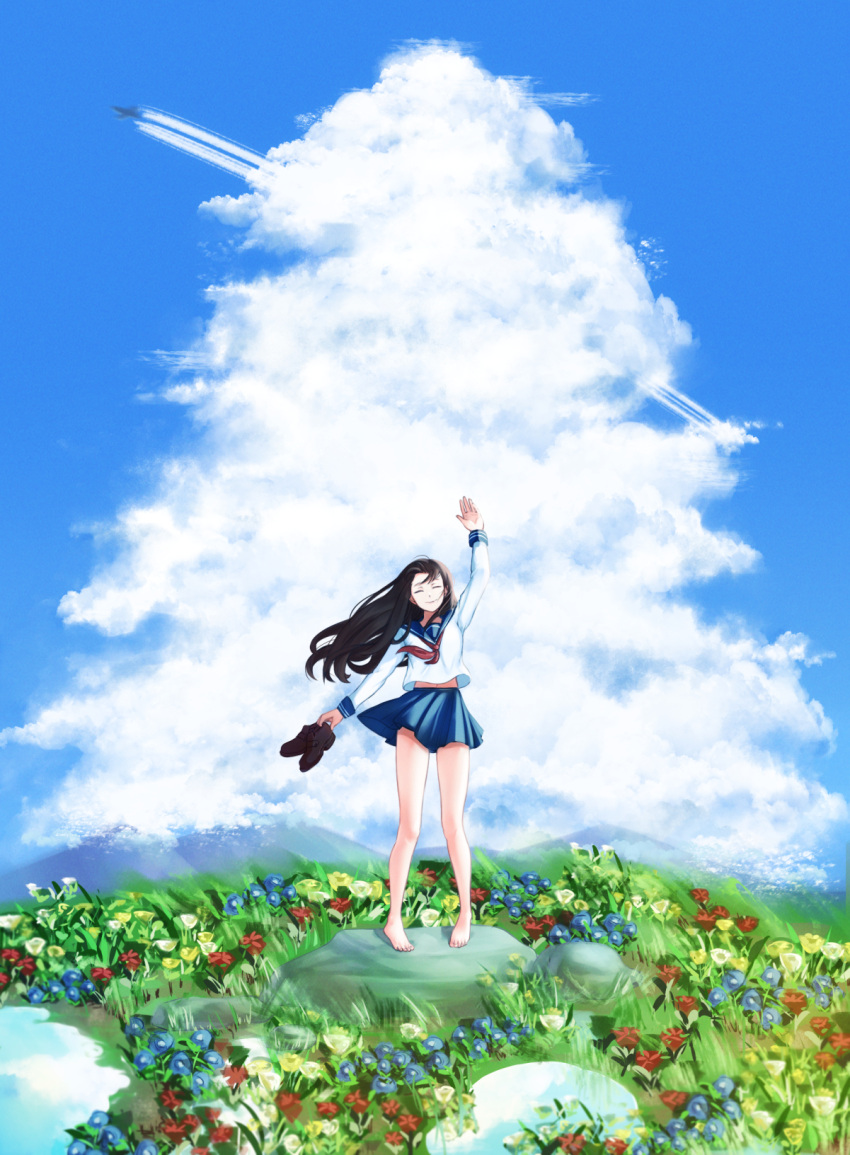 1girl, arms_up, barefoot, black_hair, blue_skirt, blue_sky, chya_(p_chihaya), closed_eyes, closed_mouth, condensation_trail, field, flower, flower_field, footwear_removed, highres, holding, holding_shoes, long_hair, long_sleeves, original, pleated_skirt, sailor_collar, sailor_shirt, scenery, school_uniform, serafuku, shirt, shoes, shoes_removed, skirt, sky, sleeve_cuffs, smile, solo, waving, white_shirt
