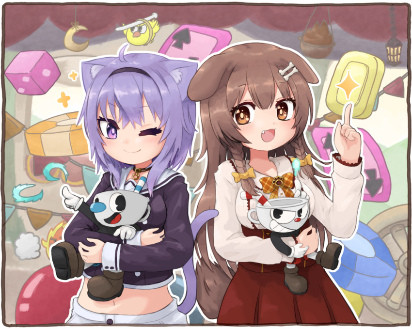 2girls, 2others, :d, ;), animal_ears, brown_hair, cat_ears, cat_girl