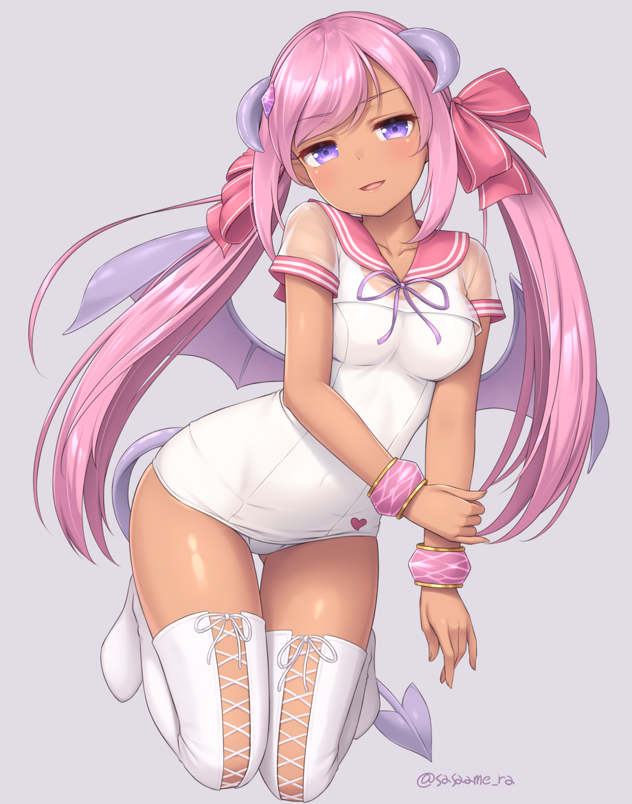 1girl, blush, bow, bracelet, breasts, covered_navel, dark_skin, dark-skinned_female