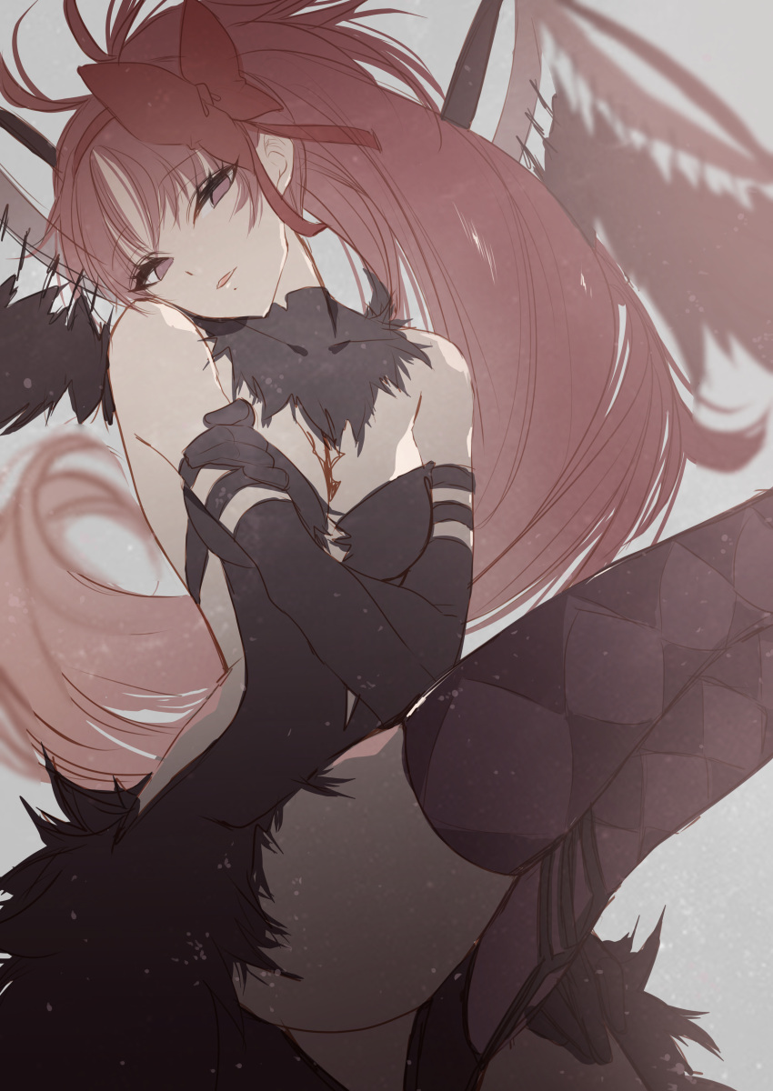 1girl, absurdres, akuma_homura, akuma_homura_(cosplay), argyle, argyle_legwear, bare_shoulders, black_dress, black_gloves, black_wings, bow, choker, cosplay, dress, elbow_gloves, feathered_wings, gloves, hair_bow, head_on_own_shoulder, head_tilt, highres, long_hair, mahou_shoujo_madoka_magica, mahou_shoujo_madoka_magica_movie, misteor, open_mouth, ponytail, red_eyes, redhead, sakura_kyouko, simple_background, solo, thigh-highs, wings
