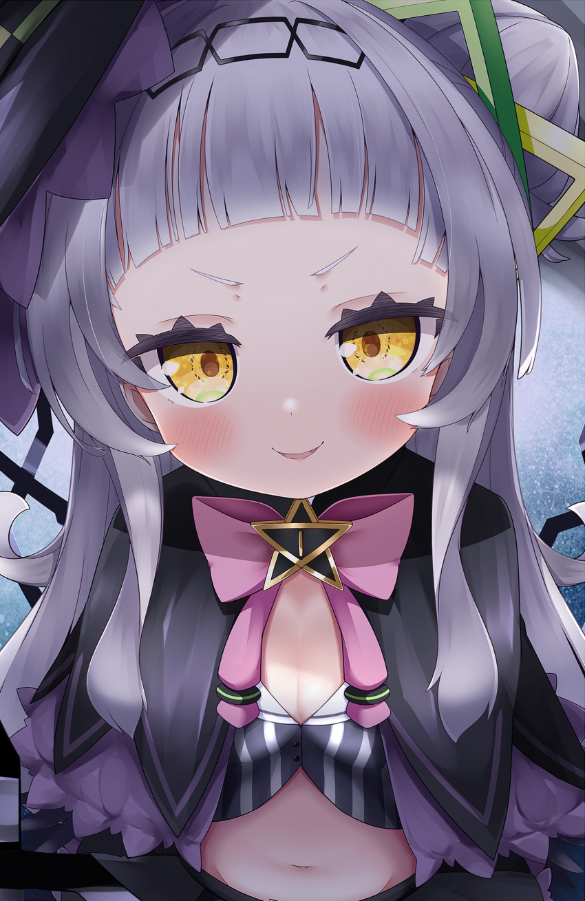 1girl, absurdres, bangs, black_capelet, black_headwear, blunt_bangs, blus, bow