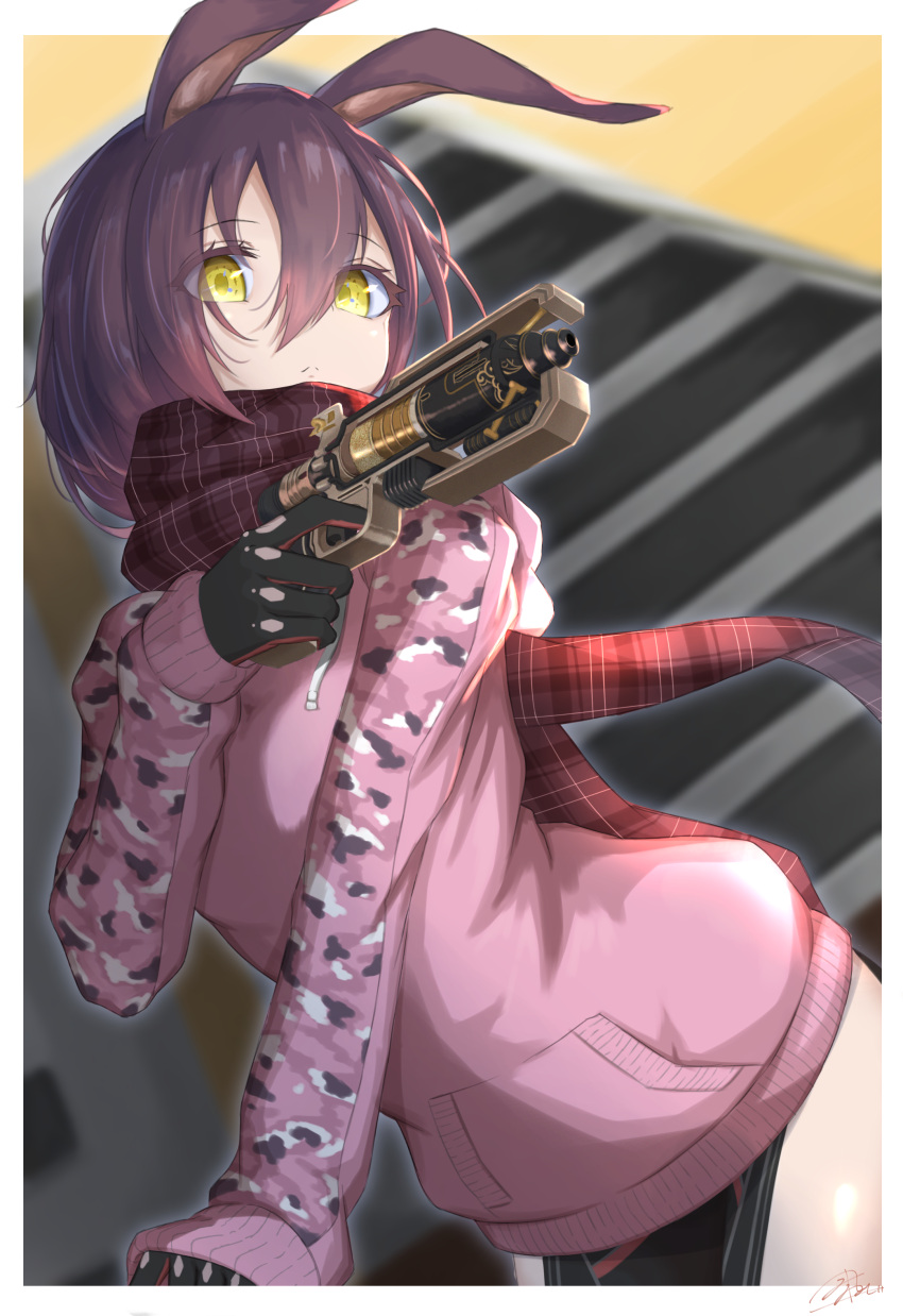 1girl, absurdres, android, animal_ears, apex_legends, brown_hair, camouflage, closed_mouth