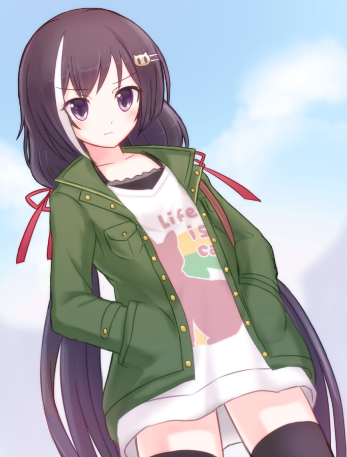 1girl, absurdly_long_hair, black_legwear, blue_sky, breast_pocket, buttons, closed_mouth, clothes_writing