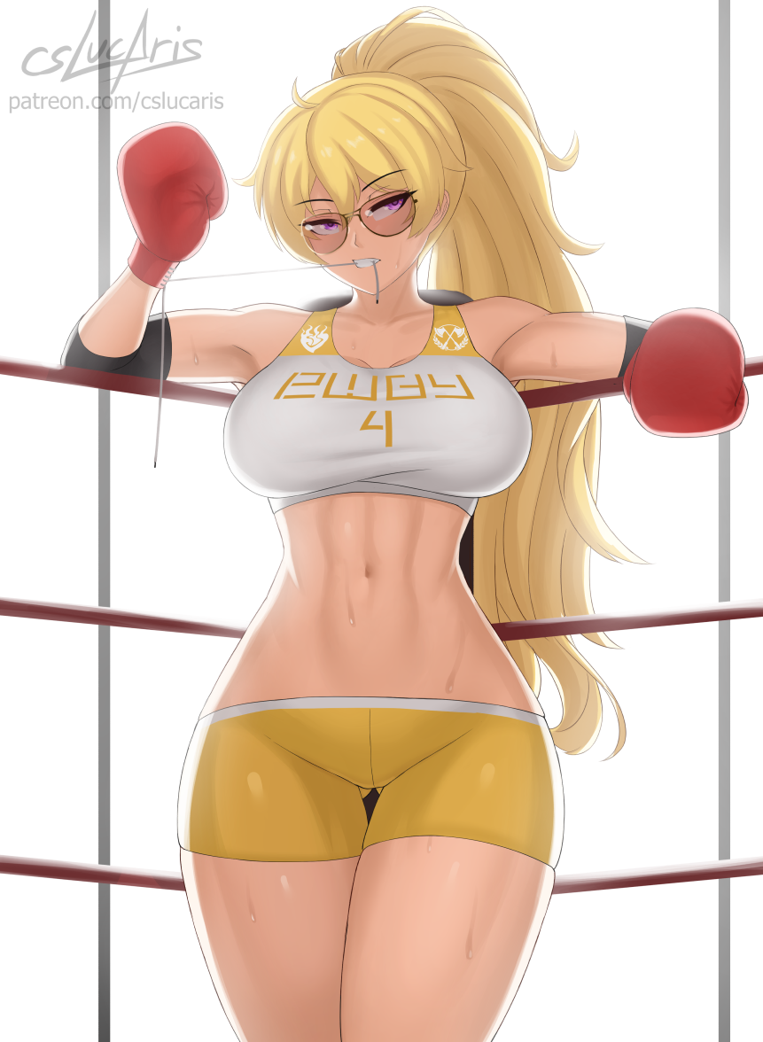 1girl, armpits, artist_name, ass_visible_through_thighs, aviator_sunglasses, black_hair, blonde_hair, boxing_gloves, boxing_ring, breasts, collarbone, cslucaris, elbow_pads, glasses, large_breasts, long_hair, looking_to_the_side, ponytail, rwby, shorts, solo, sports_bra, stomach, sunglasses, sweat, thigh_gap, thighs, tinted_eyewear, violet_eyes, yang_xiao_long