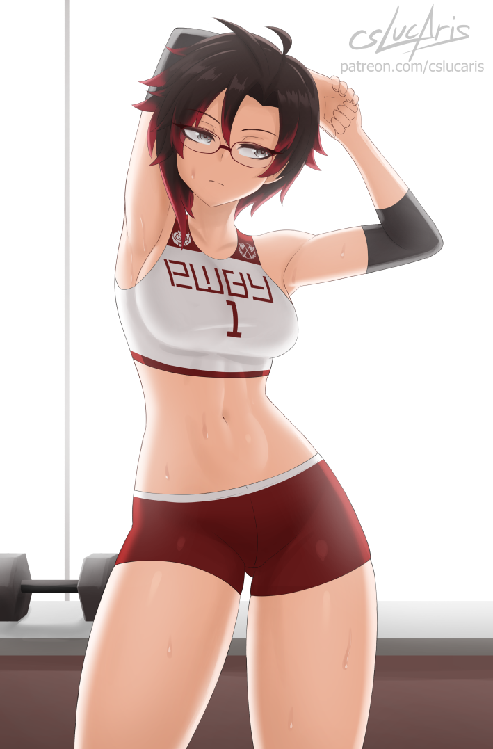 1girl, armpits, artist_name, black_hair, breasts, cslucaris, elbow_pads, glasses