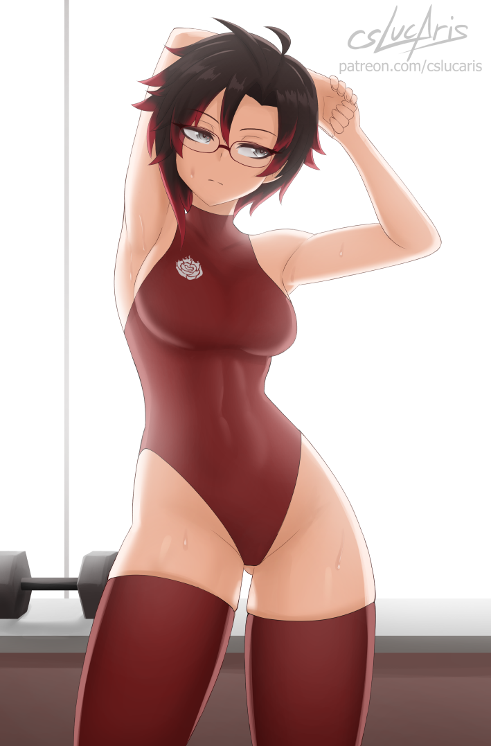 1girl, armpits, artist_name, bare_shoulders, black_hair, breasts, covered_navel, cslucaris
