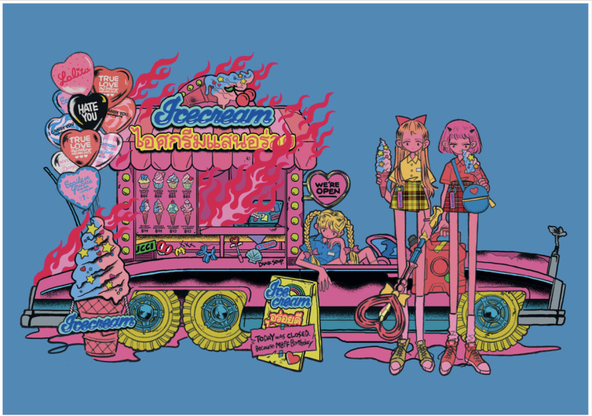 3girls, balloon, blonde_hair, blue_background, blue_shirt, bow, braid, car, fire, food, ground_vehicle, hair_bow, ice_cream, jenny_kaori, long_hair, motor_vehicle, multiple_girls, orange_hair, original, pink_hair, plaid, plaid_skirt, red_bow, red_footwear, red_shirt, red_skirt, shirt, shoes, short_hair, simple_background, skirt, twin_braids, yellow_footwear, yellow_shirt, yellow_skirt