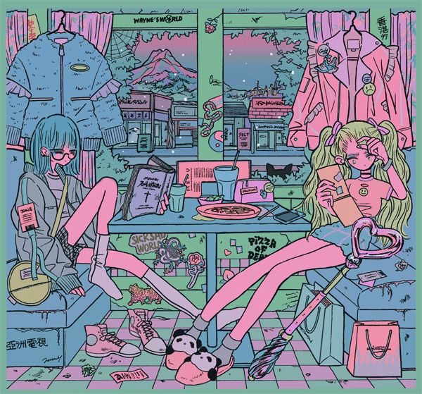 2girls, animated, animated_gif, aqua_hair, bag, bangs, blonde_hair, choker