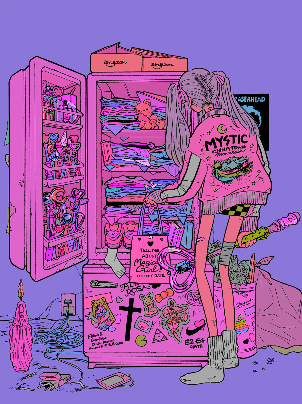 1girl, adventure_time, amazon_(company), apple_inc., candle, cellphone, cigarette_butt, clothes_writing, cross, english_text, eraserhead, from_behind, grey_hair, grey_legwear, highres, holding, jacket, jenny_kaori, logo, long_hair, long_sleeves, nike, original, pac-man, phone, pink_bag, print_jacket, purple_background, sailor_moon, shelf, smartphone, socks, solo, staff, standing, statue, stuffed_animal, stuffed_toy, teddy_bear, tsuki_ni_kawatte_oshioki_yo, twintails, wide_shot