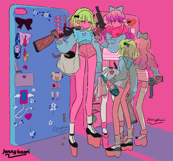 4girls, artist_name, bangs, bottle, gun, height_difference, holding, holding_bottle